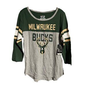 Ultra Game NBA Milwaukee Bucks Womens  3/4 Sleeve Shirt Size Medium Green/Gray